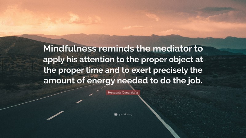 Henepola Gunaratana Quote: “Mindfulness reminds the mediator to apply his attention to the proper object at the proper time and to exert precisely the amount of energy needed to do the job.”
