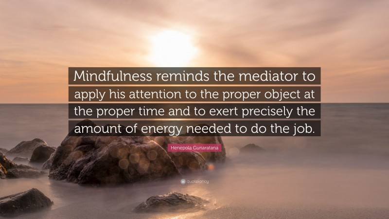 Henepola Gunaratana Quote: “Mindfulness reminds the mediator to apply his attention to the proper object at the proper time and to exert precisely the amount of energy needed to do the job.”