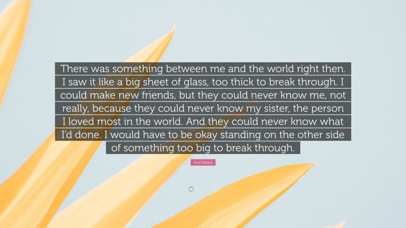 Ava Dellaira Quote: “There was something between me and the world right then. I saw it like a big sheet of glass, too thick to break through. I could make new friends, but they could never know me, not really, because they could never know my sister, the person I loved most in the world. And they could never know what I’d done. I would have to be okay standing on the other side of something too big to break through.”