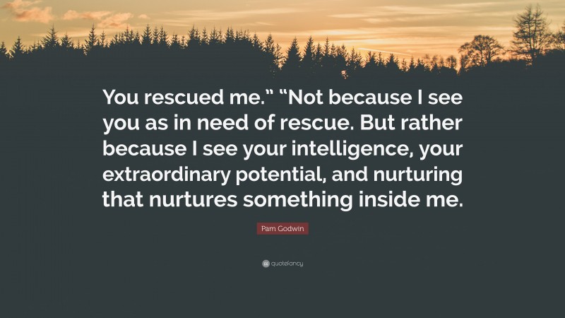 Pam Godwin Quote: “You rescued me.” “Not because I see you as in need of rescue. But rather because I see your intelligence, your extraordinary potential, and nurturing that nurtures something inside me.”