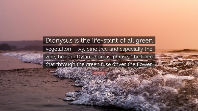 Sophocles Quote: “Dionysus is the life-spirit of all green vegetation – ivy, pine tree and especially the vine; he is, in Dylan Thomas’ phrase, “the force that through the green fuse drives the flower.”