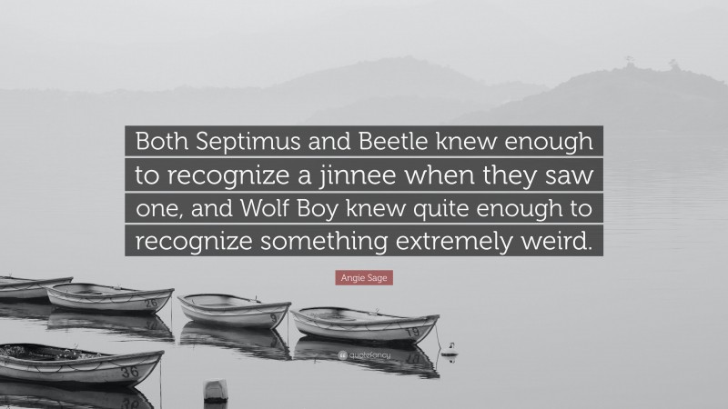 Angie Sage Quote: “Both Septimus and Beetle knew enough to recognize a jinnee when they saw one, and Wolf Boy knew quite enough to recognize something extremely weird.”