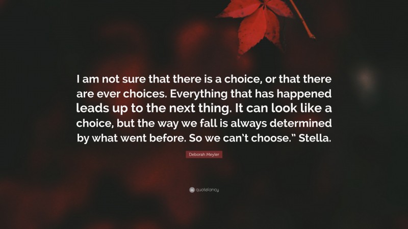 Deborah Meyler Quote: “I am not sure that there is a choice, or that there are ever choices. Everything that has happened leads up to the next thing. It can look like a choice, but the way we fall is always determined by what went before. So we can’t choose.” Stella.”