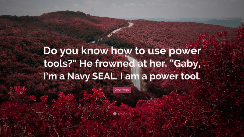 Zoe York Quote: “Do you know how to use power tools?” He frowned at her. “Gaby, I’m a Navy SEAL. I am a power tool.”