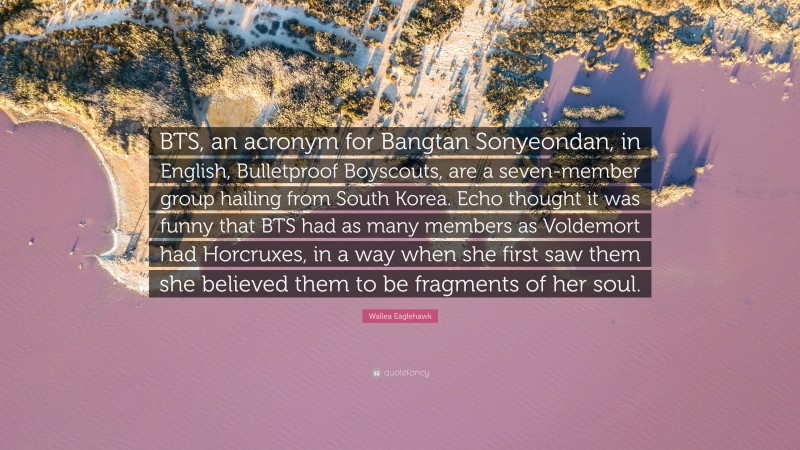 Wallea Eaglehawk Quote: “BTS, an acronym for Bangtan Sonyeondan, in English, Bulletproof Boyscouts, are a seven-member group hailing from South Korea. Echo thought it was funny that BTS had as many members as Voldemort had Horcruxes, in a way when she first saw them she believed them to be fragments of her soul.”