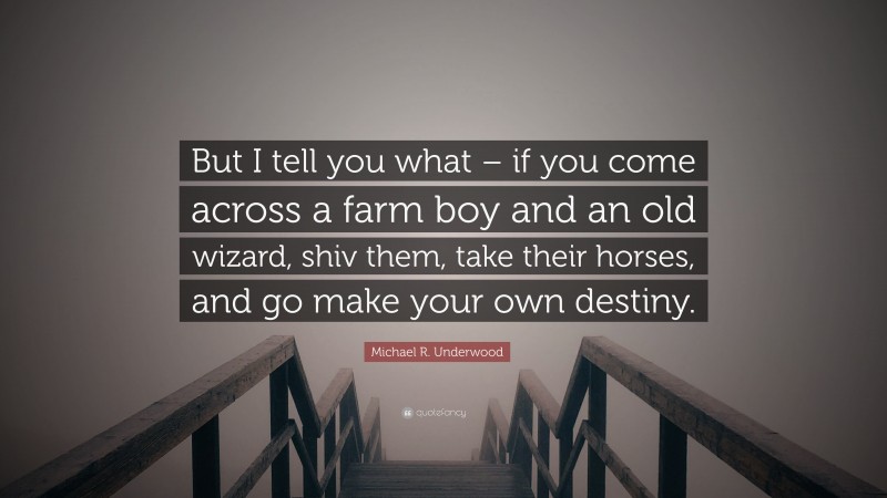 Michael R. Underwood Quote: “But I tell you what – if you come across a farm boy and an old wizard, shiv them, take their horses, and go make your own destiny.”