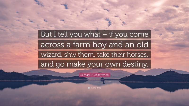 Michael R. Underwood Quote: “But I tell you what – if you come across a farm boy and an old wizard, shiv them, take their horses, and go make your own destiny.”