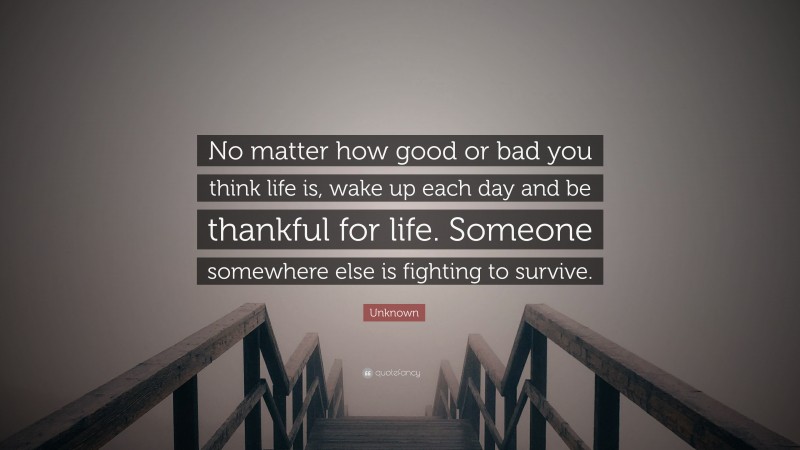 Unknown Quote: “No matter how good or bad you think life is, wake up each day and be thankful for life. Someone somewhere else is fighting to survive.”