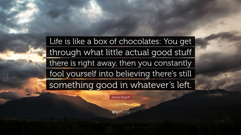 James Rozoff Quote: “Life is like a box of chocolates: You get through what little actual good stuff there is right away, then you constantly fool yourself into believing there’s still something good in whatever’s left.”