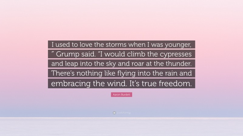 Aaron Burdett Quote: “I used to love the storms when I was younger,″ Grump said. “I would climb the cypresses and leap into the sky and roar at the thunder. There’s nothing like flying into the rain and embracing the wind. It’s true freedom.”