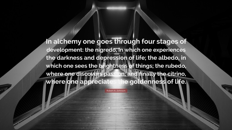 Robert A. Johnson Quote: “In alchemy one goes through four stages of development: the nigredo, in which one experiences the darkness and depression of life; the albedo, in which one sees the brightness of things; the rubedo, where one discovers passion; and finally the citrino, where one appreciates the goldenness of life.”