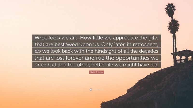 David Thomas Quote: “What fools we are. How little we appreciate the gifts that are bestowed upon us. Only later, in retrospect, do we look back with the hindsight of all the decades that are lost forever and rue the opportunities we once had and the other, better life we might have led.”
