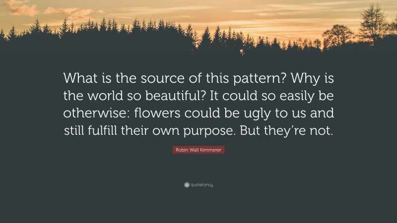 Robin Wall Kimmerer Quote: “What is the source of this pattern? Why is the world so beautiful? It could so easily be otherwise: flowers could be ugly to us and still fulfill their own purpose. But they’re not.”