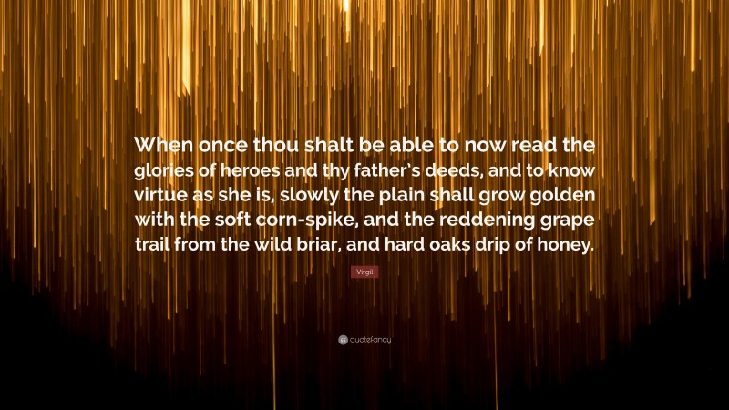 Virgil Quote: “When once thou shalt be able to now read the glories of heroes and thy father’s deeds, and to know virtue as she is, slowly the plain shall grow golden with the soft corn-spike, and the reddening grape trail from the wild briar, and hard oaks drip of honey.”