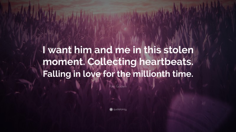 Pam Godwin Quote: “I want him and me in this stolen moment. Collecting heartbeats. Falling in love for the millionth time.”