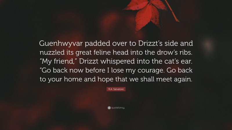 R.A. Salvatore Quote: “Guenhwyvar padded over to Drizzt’s side and nuzzled its great feline head into the drow’s ribs. “My friend,” Drizzt whispered into the cat’s ear. “Go back now before I lose my courage. Go back to your home and hope that we shall meet again.”