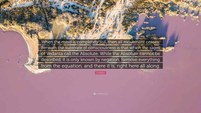 Vic Shayne Quote: “When the mind is completely still, then all movement ceases. Beneath the substrate of consciousness is that which the sages of Vedanta call the Absolute. While the Absolute cannot be described, it is only known by negation. Remove everything from the equation, and there it is, right here all along.”