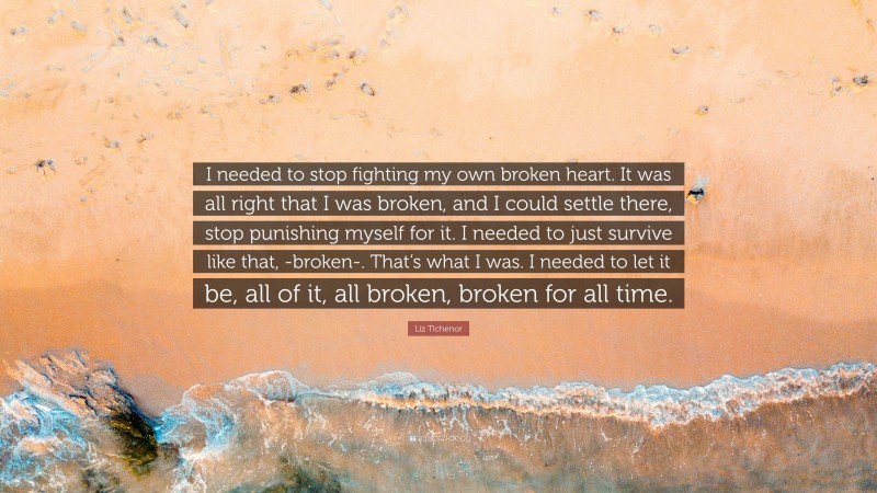 Liz Tichenor Quote: “I needed to stop fighting my own broken heart. It was all right that I was broken, and I could settle there, stop punishing myself for it. I needed to just survive like that, -broken-. That’s what I was. I needed to let it be, all of it, all broken, broken for all time.”
