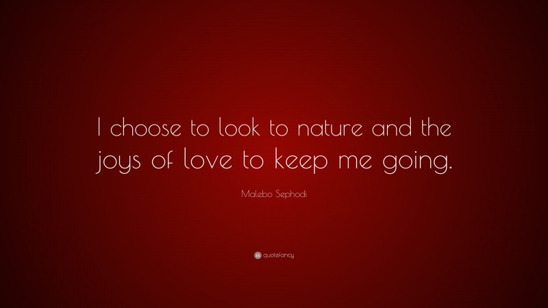 Malebo Sephodi Quote: “I choose to look to nature and the joys of love to keep me going.”