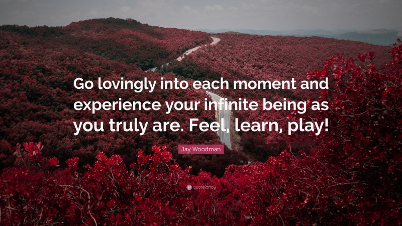 Jay Woodman Quote: “Go lovingly into each moment and experience your infinite being as you truly are. Feel, learn, play!”