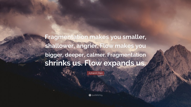 Johann Hari Quote: “Fragmentation makes you smaller, shallower, angrier. Flow makes you bigger, deeper, calmer. Fragmentation shrinks us. Flow expands us.”