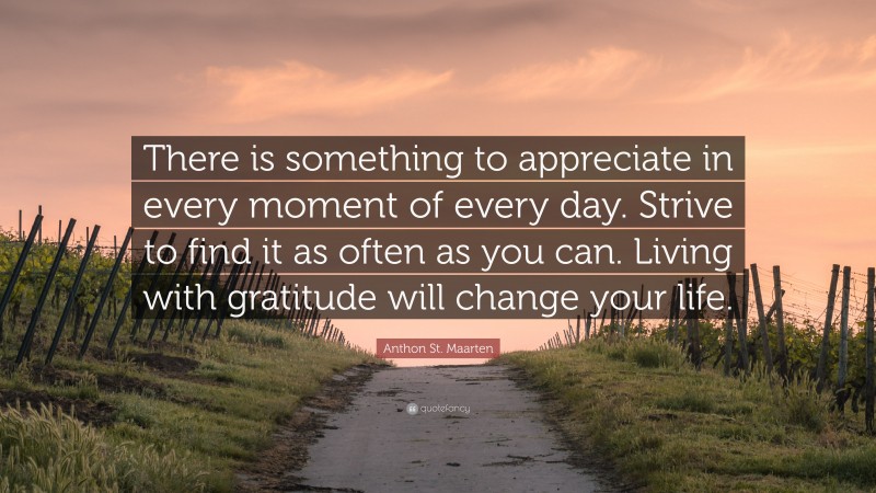 Anthon St. Maarten Quote: “There is something to appreciate in every moment of every day. Strive to find it as often as you can. Living with gratitude will change your life.”