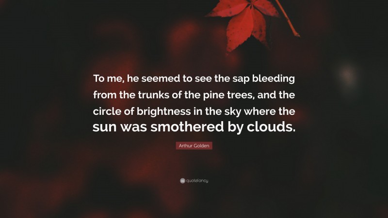 Arthur Golden Quote: “To me, he seemed to see the sap bleeding from the trunks of the pine trees, and the circle of brightness in the sky where the sun was smothered by clouds.”