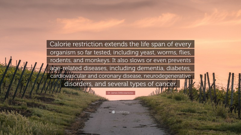 Dr. James DiNicolantonio Quote: “Calorie restriction extends the life span of every organism so far tested, including yeast, worms, flies, rodents, and monkeys. It also slows or even prevents age-related diseases, including dementia, diabetes, cardiovascular and coronary disease, neurodegenerative disorders, and several types of cancer.”