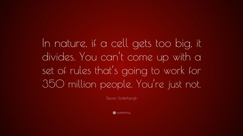 Steven Soderbergh Quote: “In nature, if a cell gets too big, it divides. You can’t come up with a set of rules that’s going to work for 350 million people. You’re just not.”