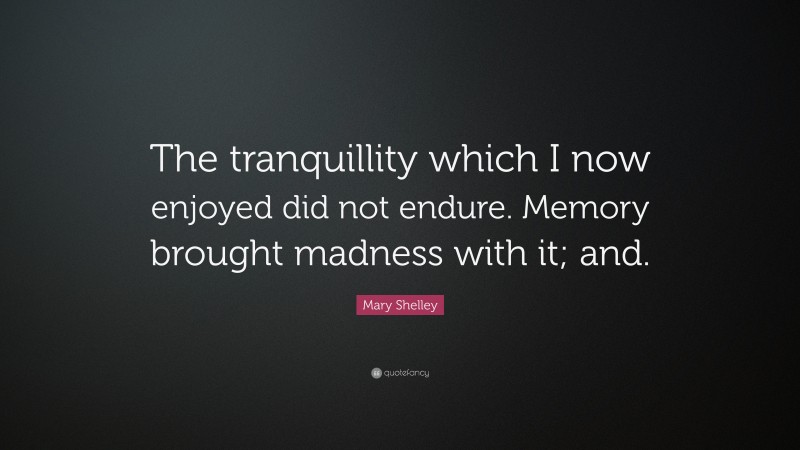 Mary Shelley Quote: “The tranquillity which I now enjoyed did not endure. Memory brought madness with it; and.”