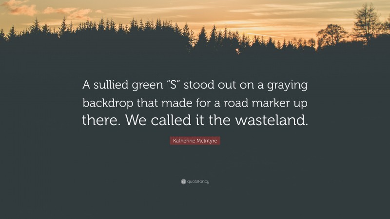 Katherine McIntyre Quote: “A sullied green “S” stood out on a graying backdrop that made for a road marker up there. We called it the wasteland.”