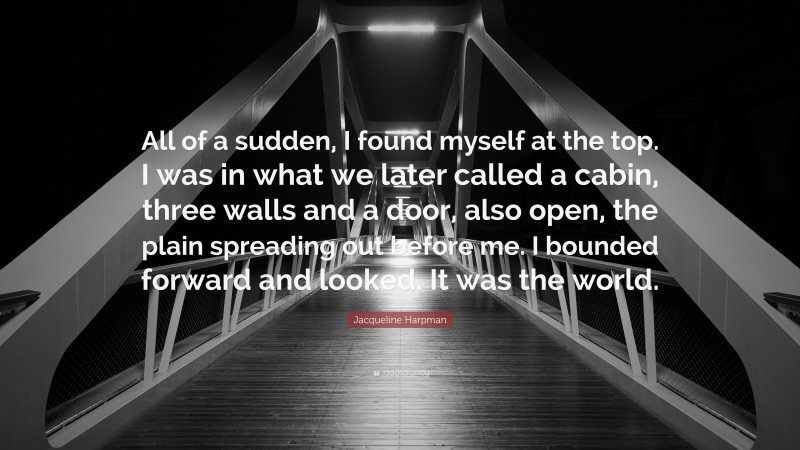 Jacqueline Harpman Quote: “All of a sudden, I found myself at the top. I was in what we later called a cabin, three walls and a door, also open, the plain spreading out before me. I bounded forward and looked. It was the world.”