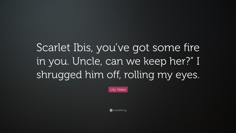 Lily Velez Quote: “Scarlet Ibis, you’ve got some fire in you. Uncle, can we keep her?” I shrugged him off, rolling my eyes.”