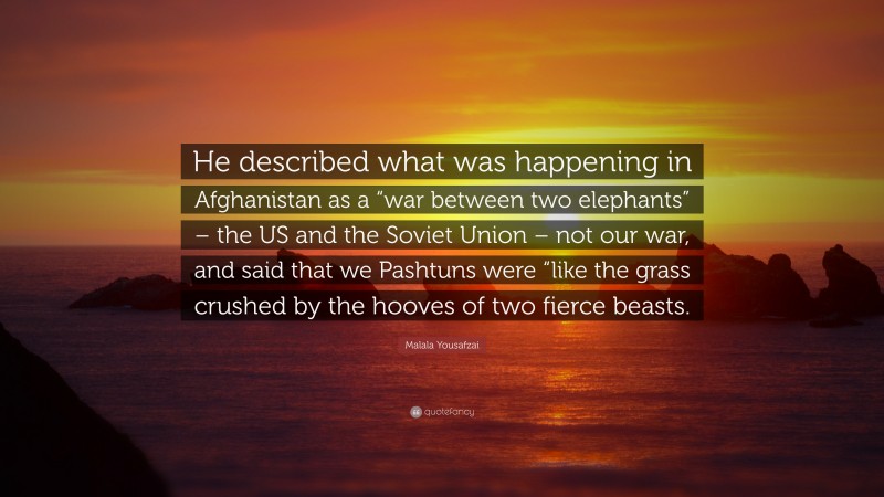 Malala Yousafzai Quote: “He described what was happening in Afghanistan as a “war between two elephants” – the US and the Soviet Union – not our war, and said that we Pashtuns were “like the grass crushed by the hooves of two fierce beasts.”