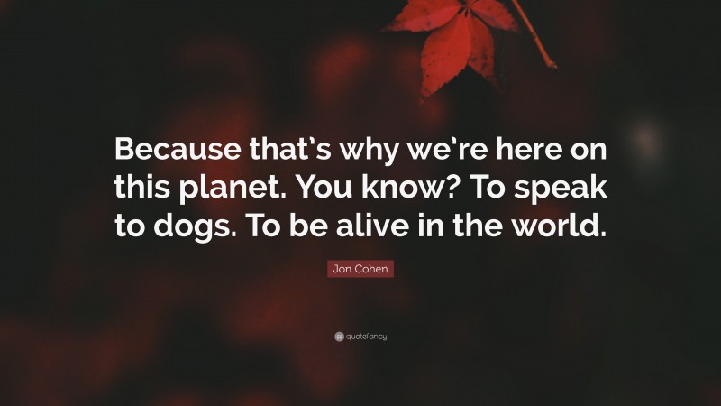 Jon Cohen Quote: “Because that’s why we’re here on this planet. You know? To speak to dogs. To be alive in the world.”