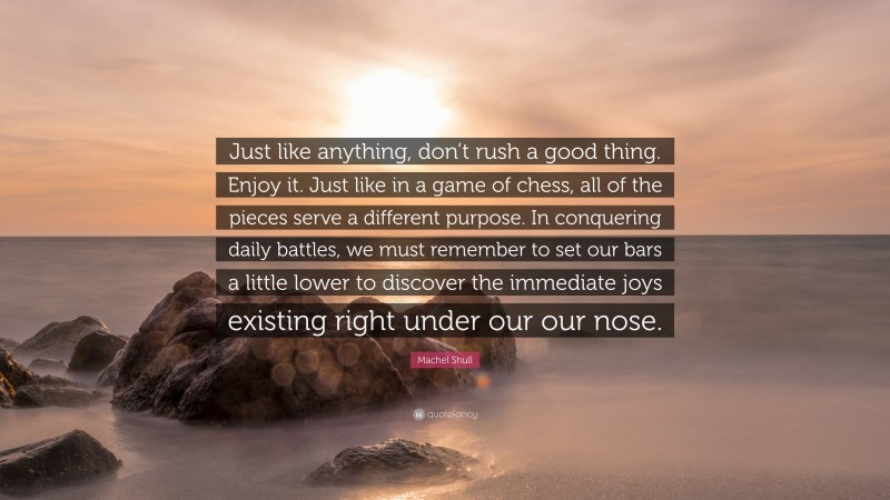 Machel Shull Quote: “Just like anything, don’t rush a good thing. Enjoy it. Just like in a game of chess, all of the pieces serve a different purpose. In conquering daily battles, we must remember to set our bars a little lower to discover the immediate joys existing right under our our nose.”