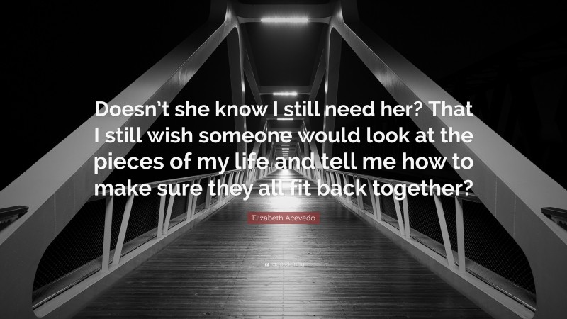 Elizabeth Acevedo Quote: “Doesn’t she know I still need her? That I still wish someone would look at the pieces of my life and tell me how to make sure they all fit back together?”