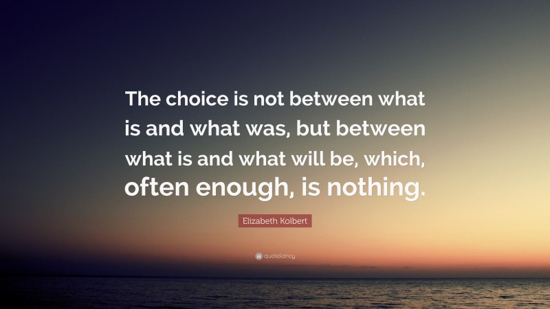 Elizabeth Kolbert Quote: “The choice is not between what is and what was, but between what is and what will be, which, often enough, is nothing.”