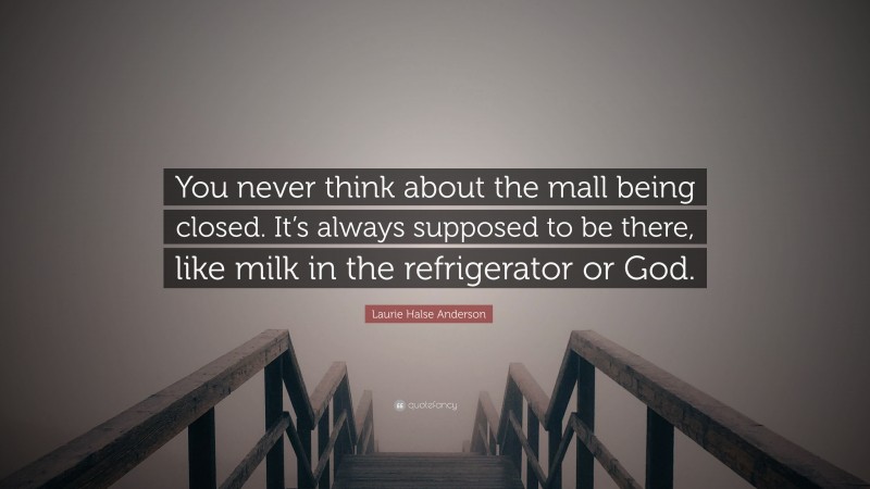 Laurie Halse Anderson Quote: “You never think about the mall being closed. It’s always supposed to be there, like milk in the refrigerator or God.”