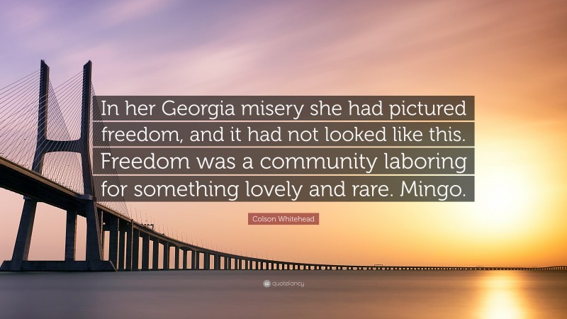 Colson Whitehead Quote: “In her Georgia misery she had pictured freedom, and it had not looked like this. Freedom was a community laboring for something lovely and rare. Mingo.”