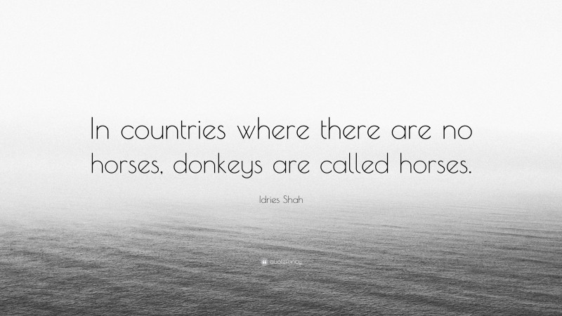 Idries Shah Quote: “In countries where there are no horses, donkeys are called horses.”