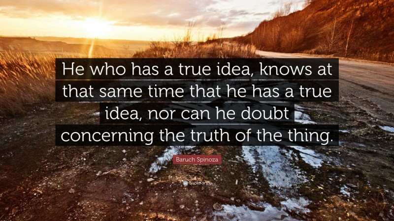 Baruch Spinoza Quote: “He who has a true idea, knows at that same time that he has a true idea, nor can he doubt concerning the truth of the thing.”
