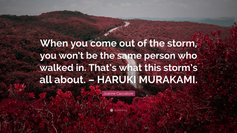 Joanne Cacciatore Quote: “When you come out of the storm, you won’t be the same person who walked in. That’s what this storm’s all about. – HARUKI MURAKAMI.”