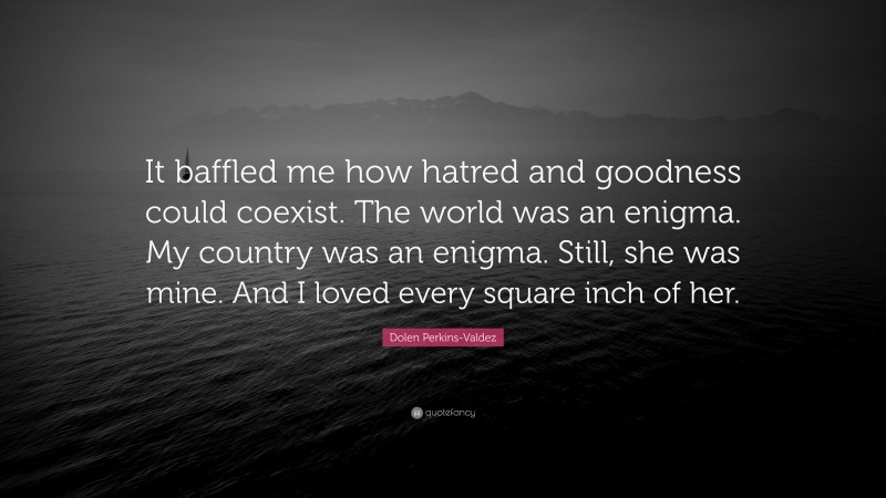 Dolen Perkins-Valdez Quote: “It baffled me how hatred and goodness could coexist. The world was an enigma. My country was an enigma. Still, she was mine. And I loved every square inch of her.”