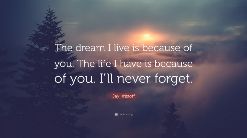 Jay Kristoff Quote: “The dream I live is because of you. The life I have is because of you. I’ll never forget.”