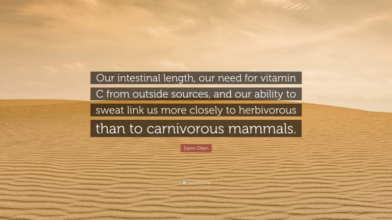 Darin Olien Quote: “Our intestinal length, our need for vitamin C from outside sources, and our ability to sweat link us more closely to herbivorous than to carnivorous mammals.”