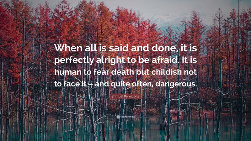 Shmuel Pernicone Quote: “When all is said and done, it is perfectly alright to be afraid. It is human to fear death but childish not to face it – and quite often, dangerous.”
