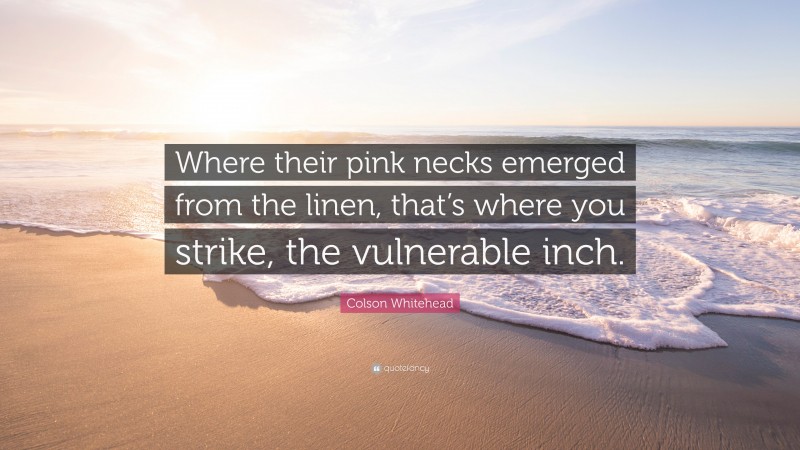 Colson Whitehead Quote: “Where their pink necks emerged from the linen, that’s where you strike, the vulnerable inch.”