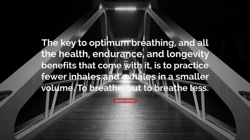 James Nestor Quote: “The key to optimum breathing, and all the health, endurance, and longevity benefits that come with it, is to practice fewer inhales and exhales in a smaller volume. To breathe, but to breathe less.”