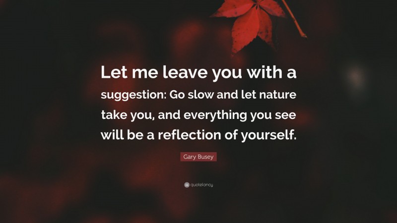 Gary Busey Quote: “Let me leave you with a suggestion: Go slow and let nature take you, and everything you see will be a reflection of yourself.”